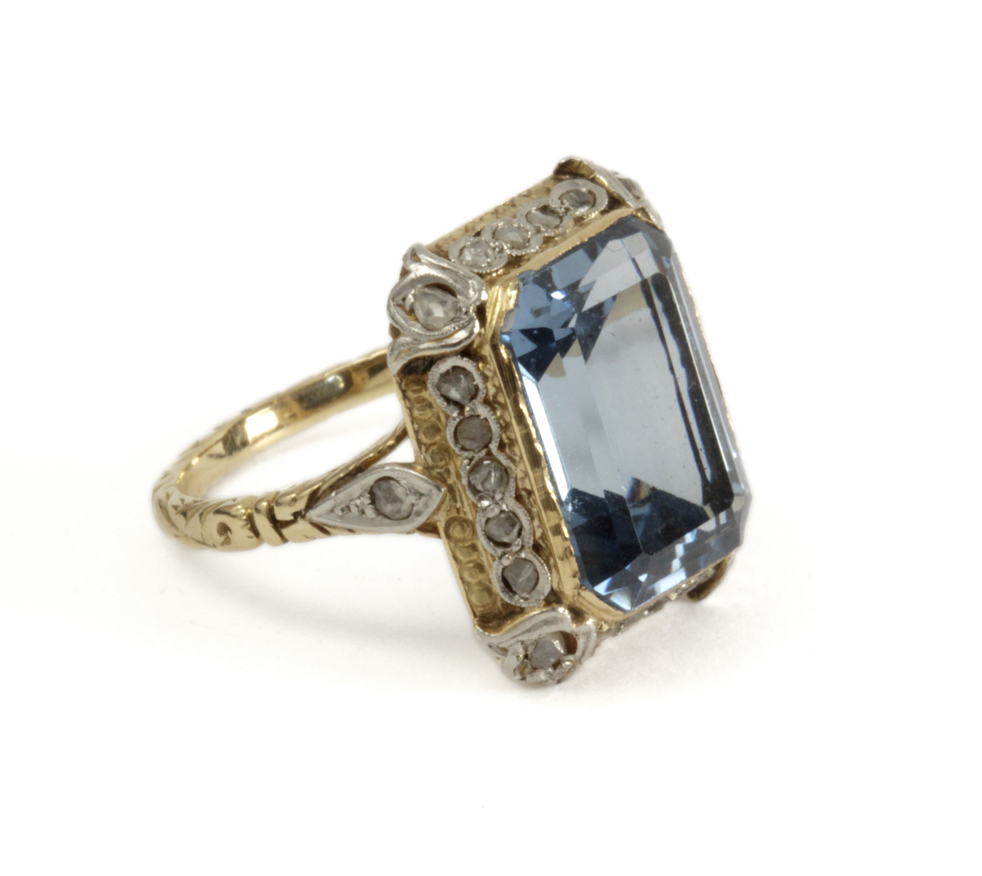 18k. yellow gold, platinum, synthetic spinel and rose cut diamonds ring circa 1940