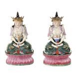 Pair of Chinese Buddha figures in polychromed porcelain circa 1950