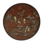 19th century Japanese dish in bronze with inlayed gold and silver details