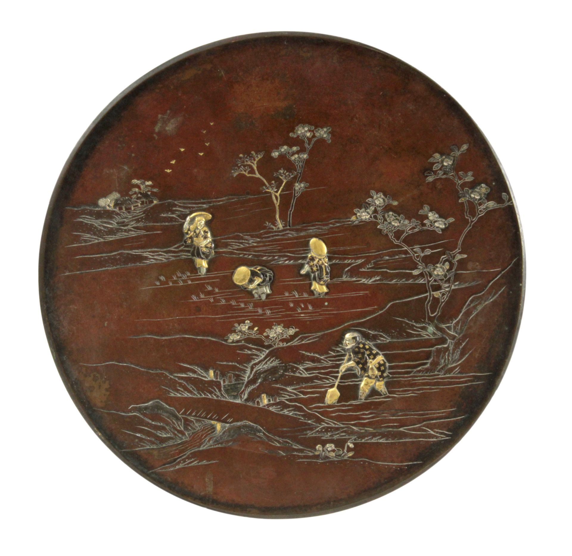 19th century Japanese dish in bronze with inlayed gold and silver details