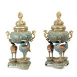 First half of 20th century pair of Chinese ding censers in gilt bronze and cloisonné enamel