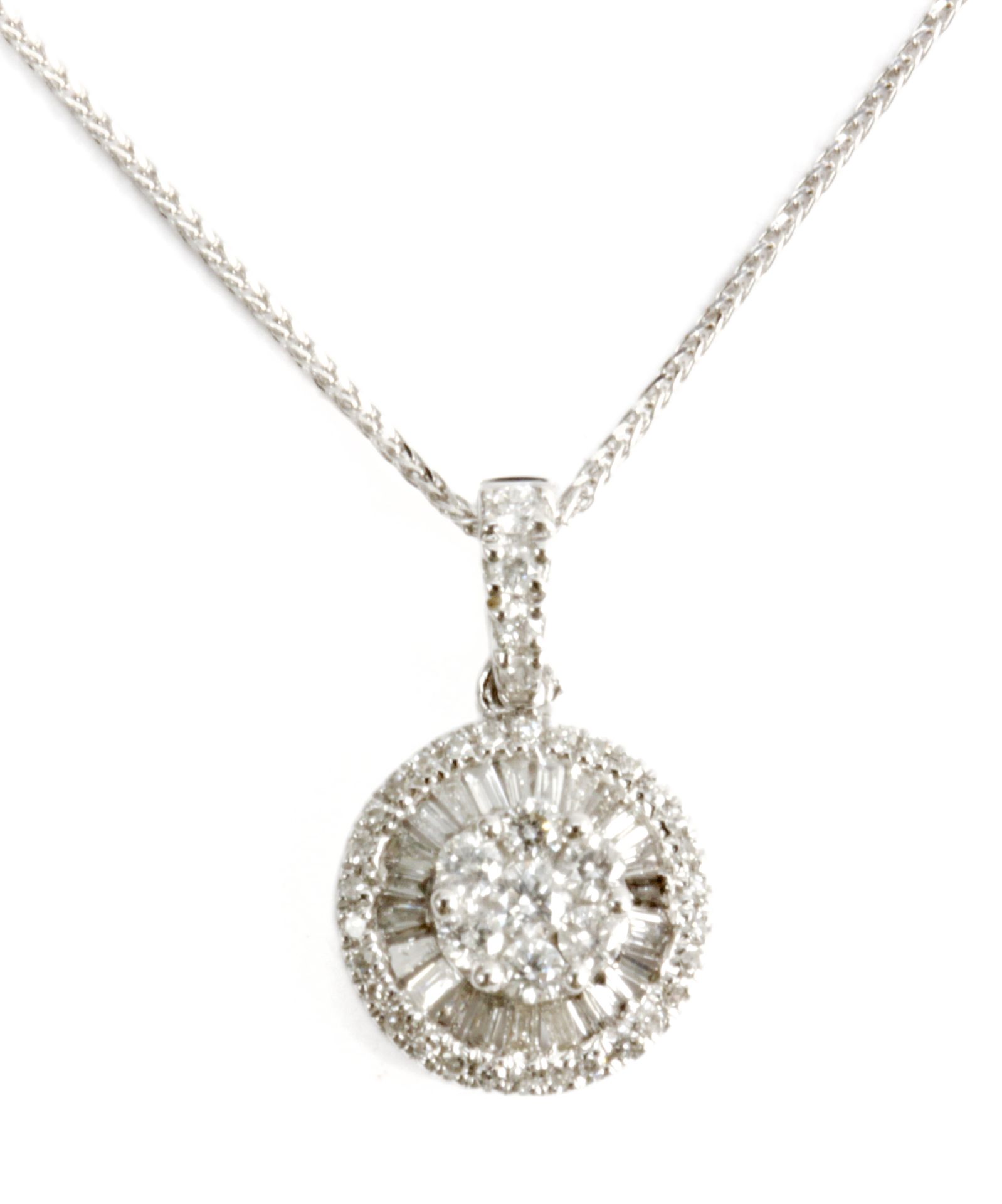 18k. white gold, brilliant cut and baguette cut diamonds cluster pendant