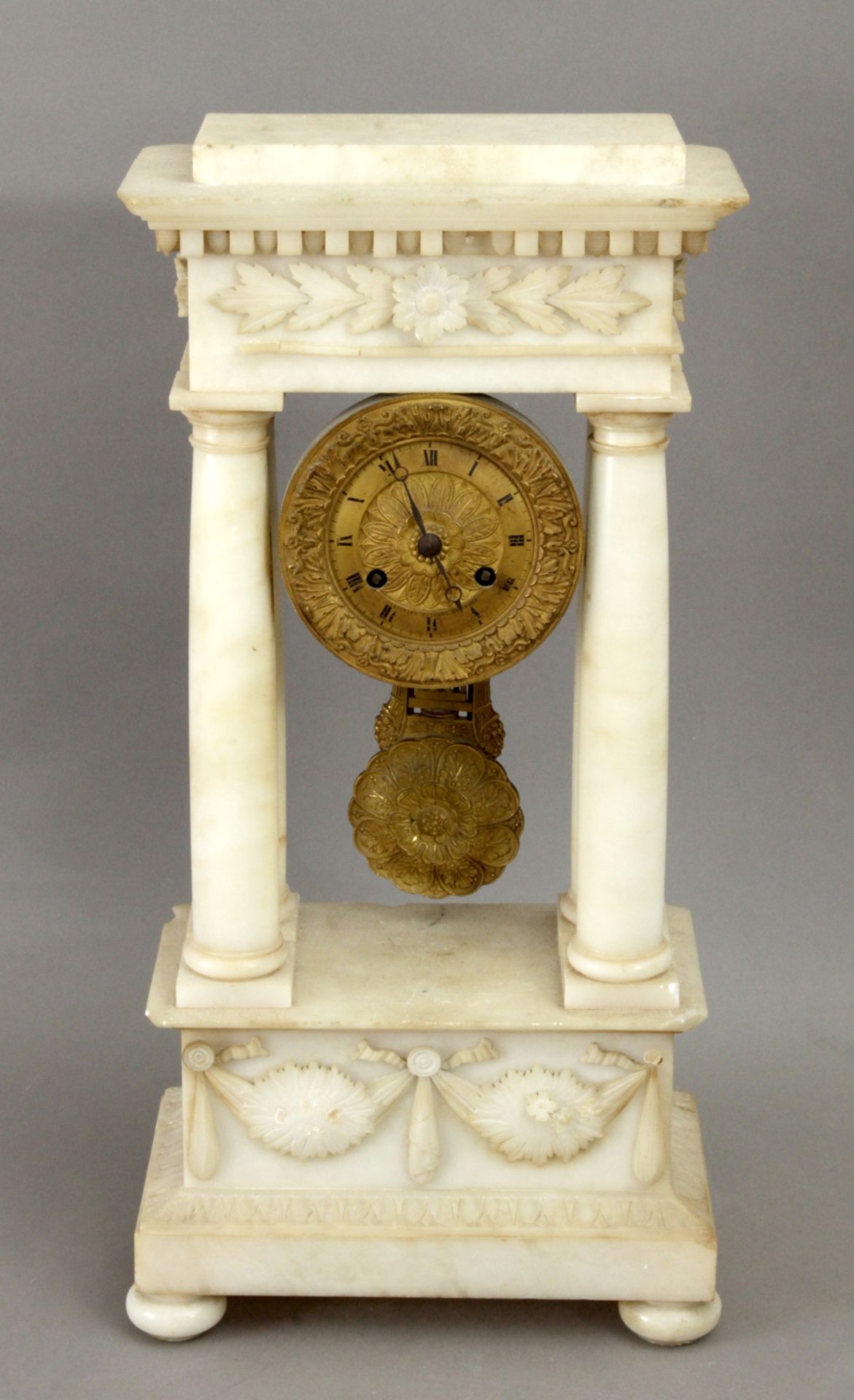 A French portico alabaster table clock