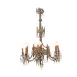 A wrought iron and glass chandelier circa 1900