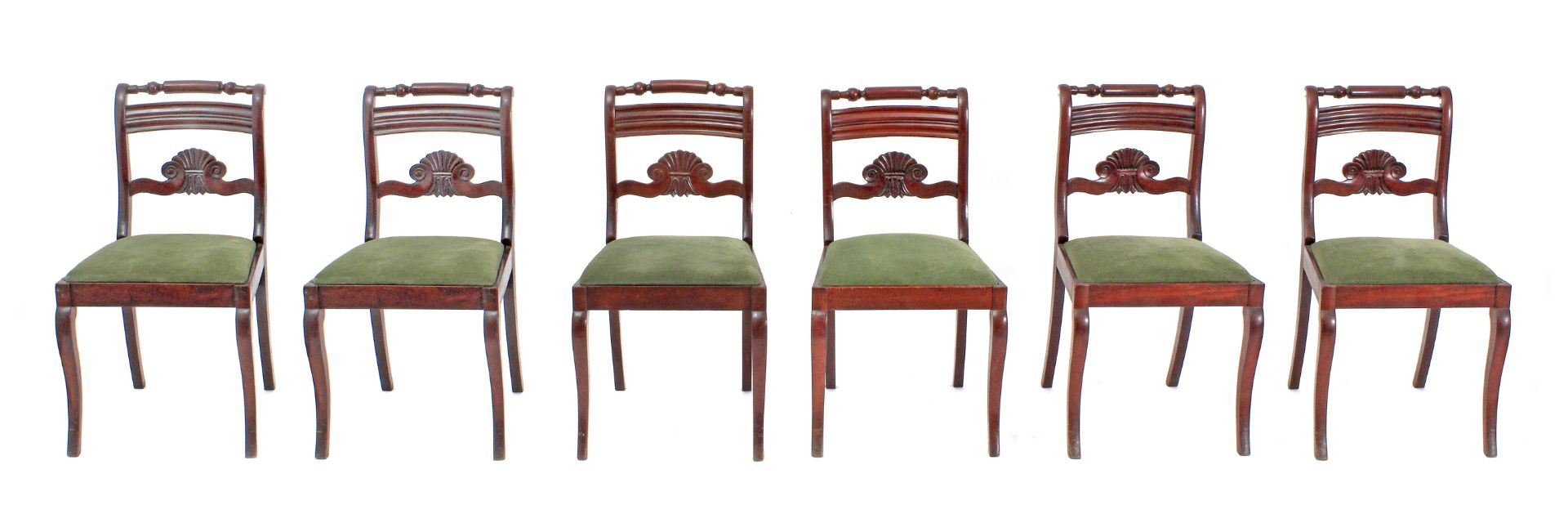 Set of six Regency style mahogany chairs with a green velvet upholstery