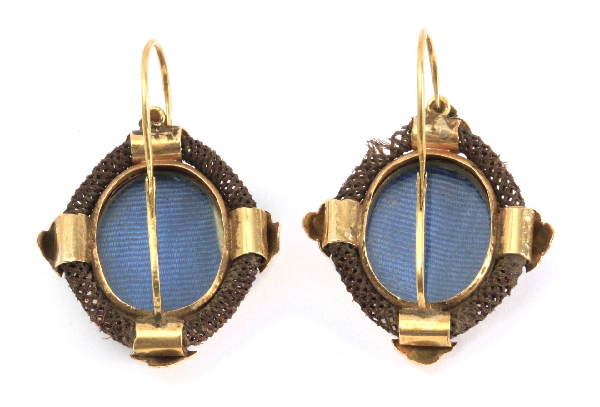 A pair of 19th century mourning earrings with a yellow gold setting, an ivory plaque and hairwork - Image 2 of 4