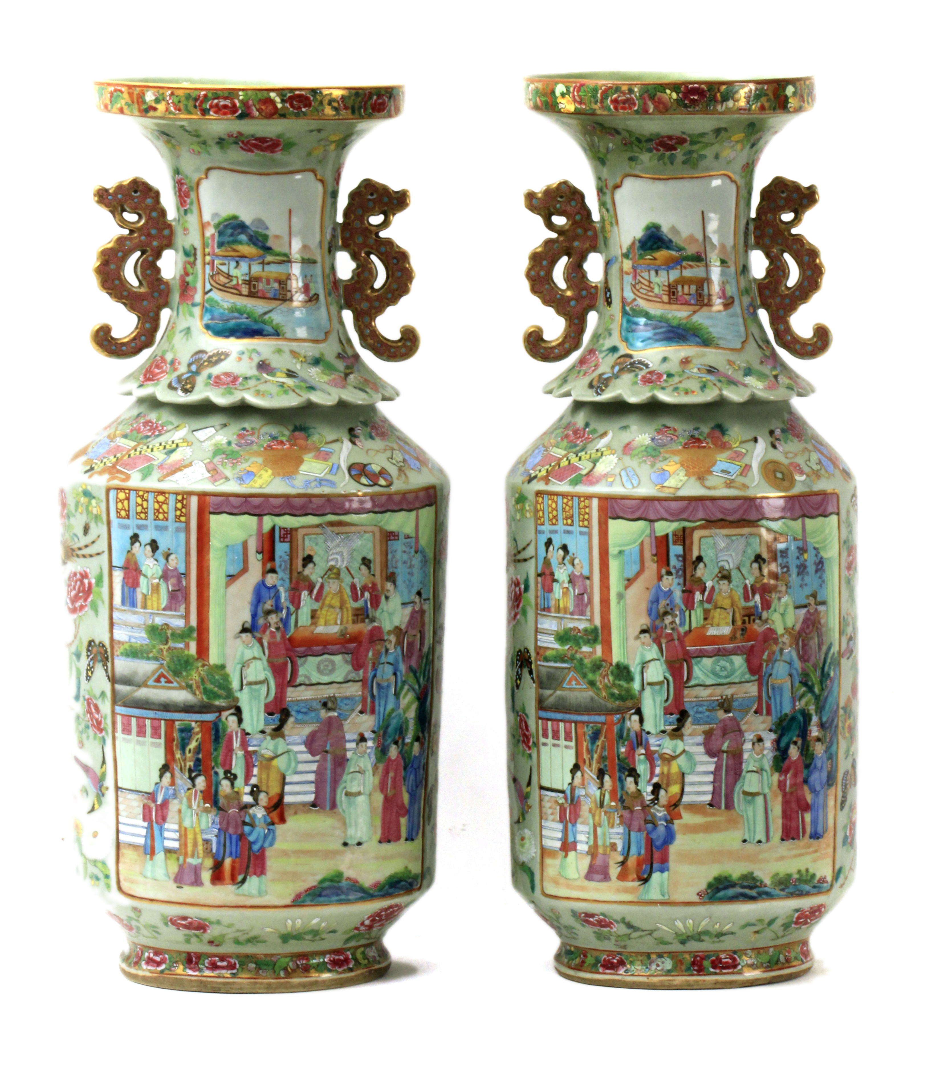 A pair of early 20th century Chinese Famille Rose Canton vases - Image 3 of 4