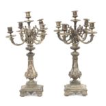 A pair of 19th century French five light silver plated bronze candelabras