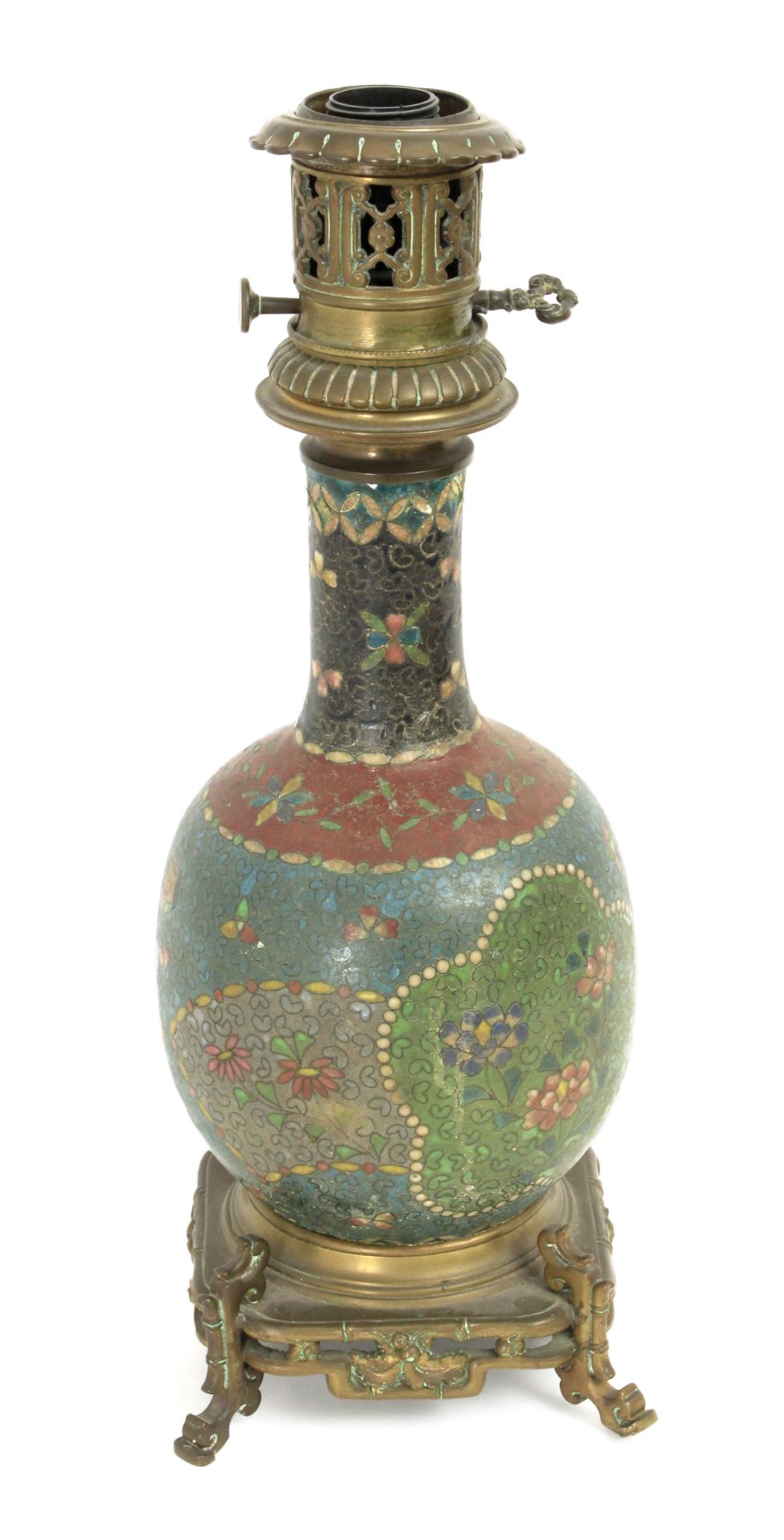 A 19th century Chinese bronze and cloisonné oil lamp