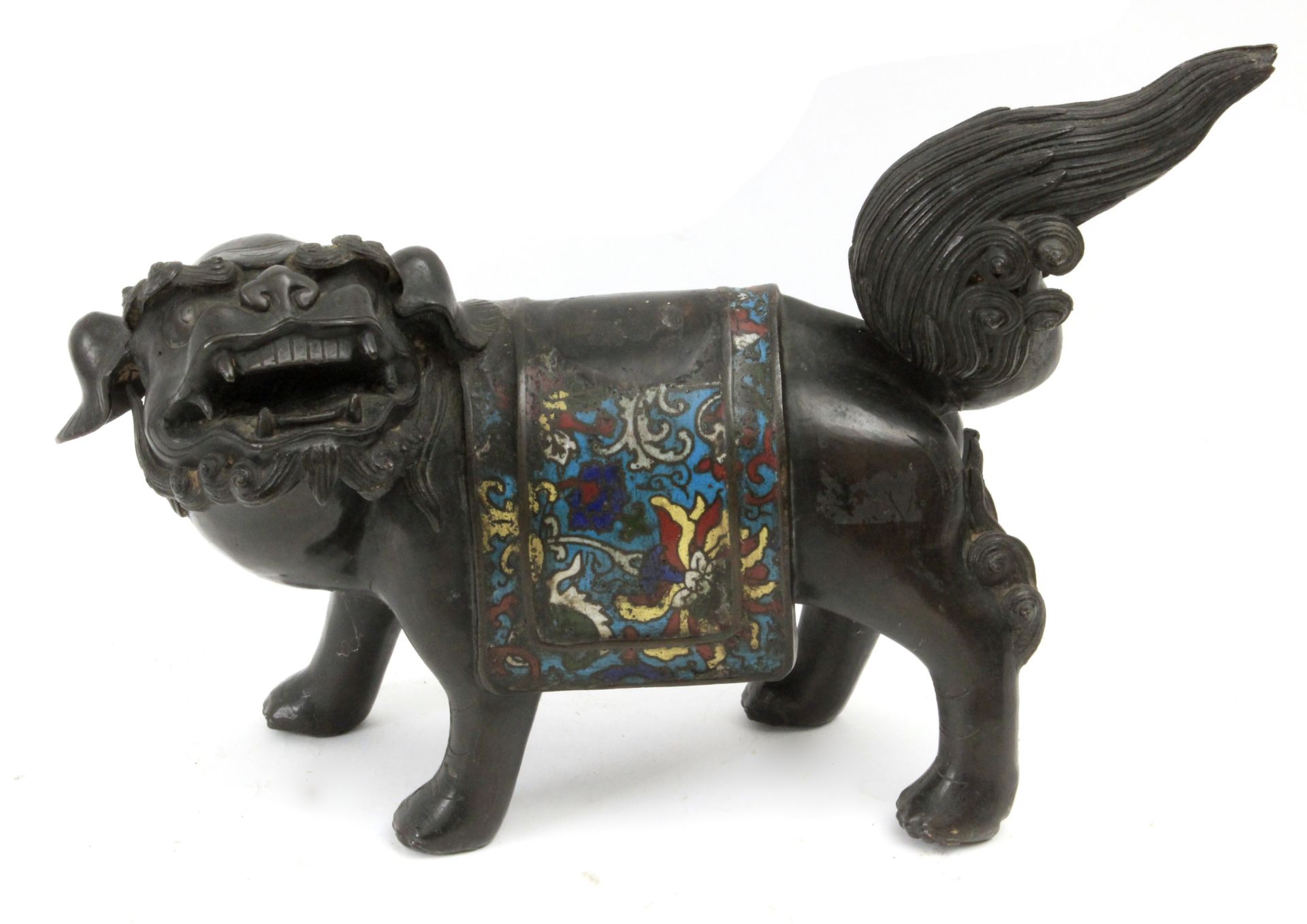 A 19th century Chinese school. A bronze and cloisonné enamel figure of a Fu dog