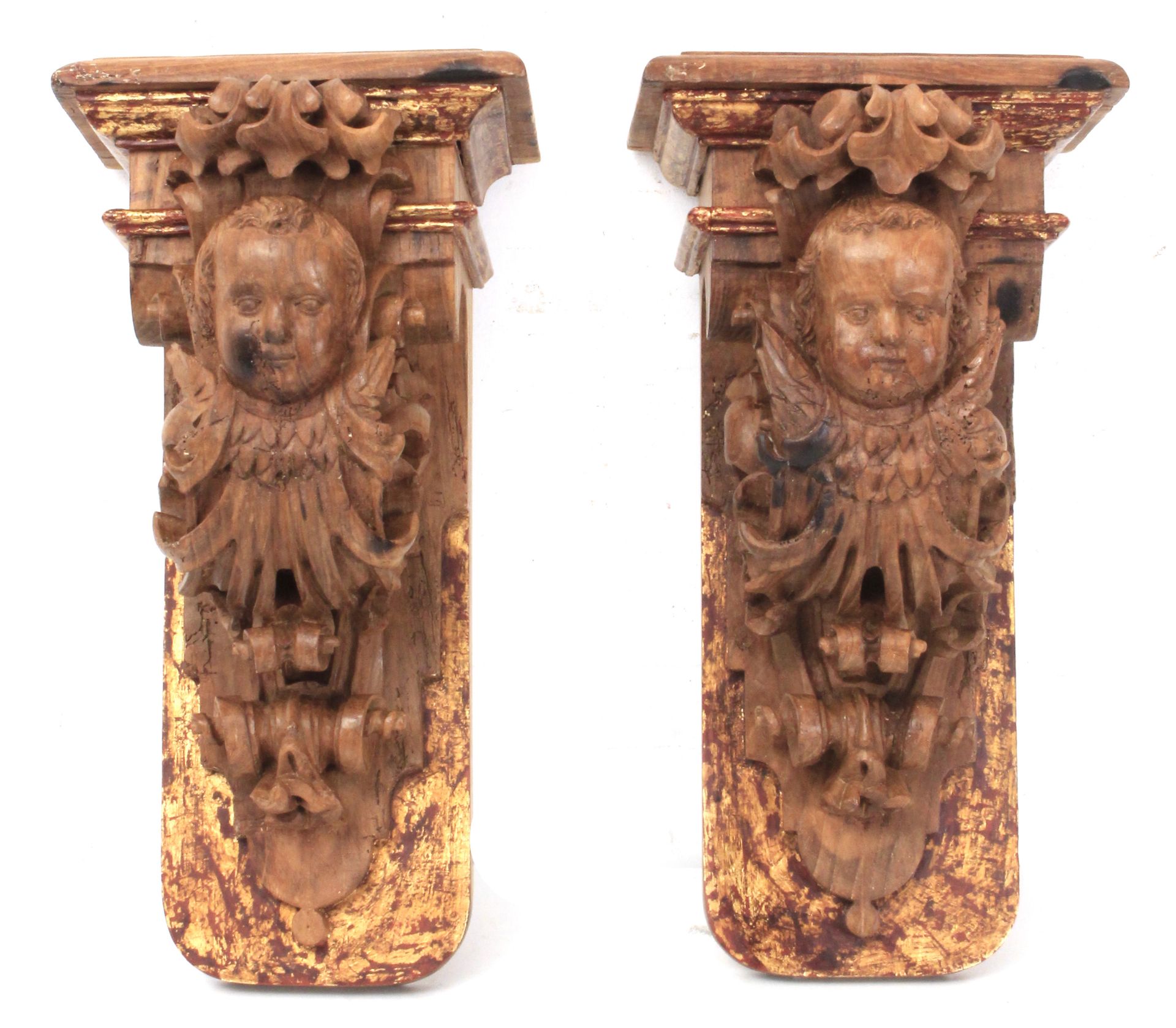 18th century Spanish school. A pair of carved wood brackets