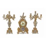 A 19th century French set of bronze and cloisonné enamel mantel clock and two six light candelabras