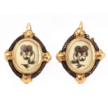 A pair of 19th century mourning earrings with a yellow gold setting, an ivory plaque and hairwork