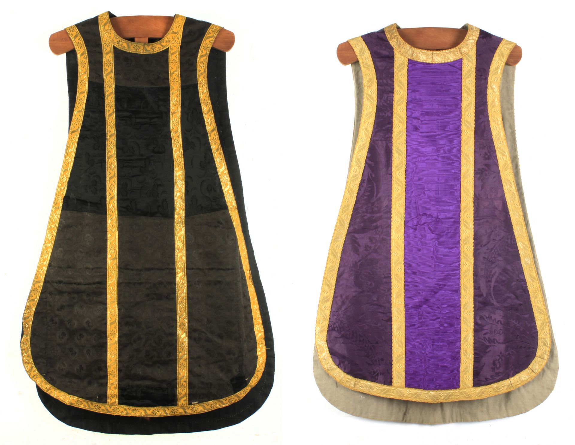 A pair of 19th century Advent and mourning silk Catholic chasubles