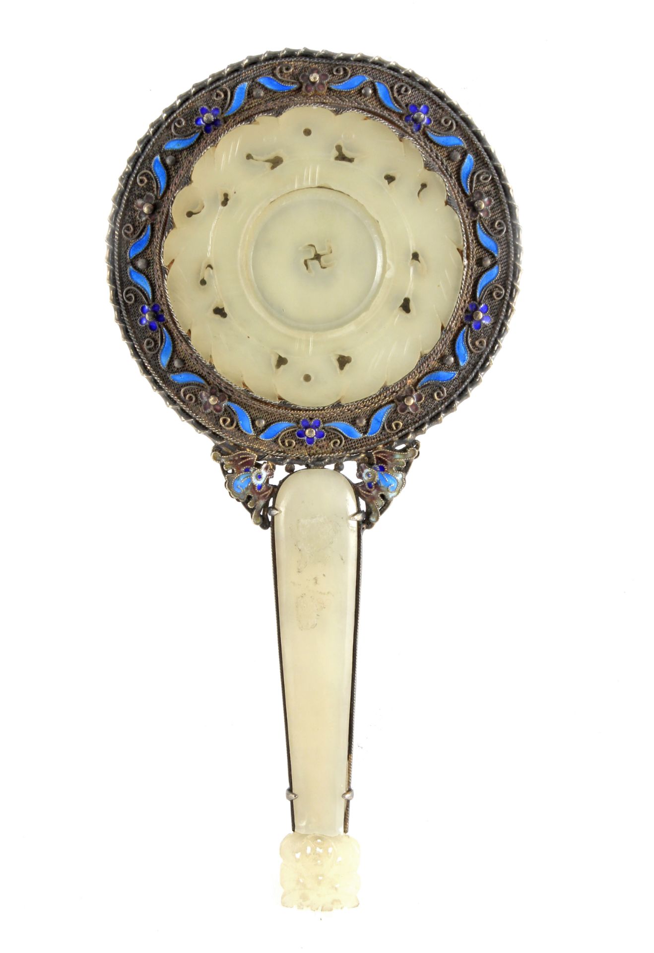 A Chinese silver filigree mirror circa 1950 with embossed jade medallions and enamels - Image 2 of 2