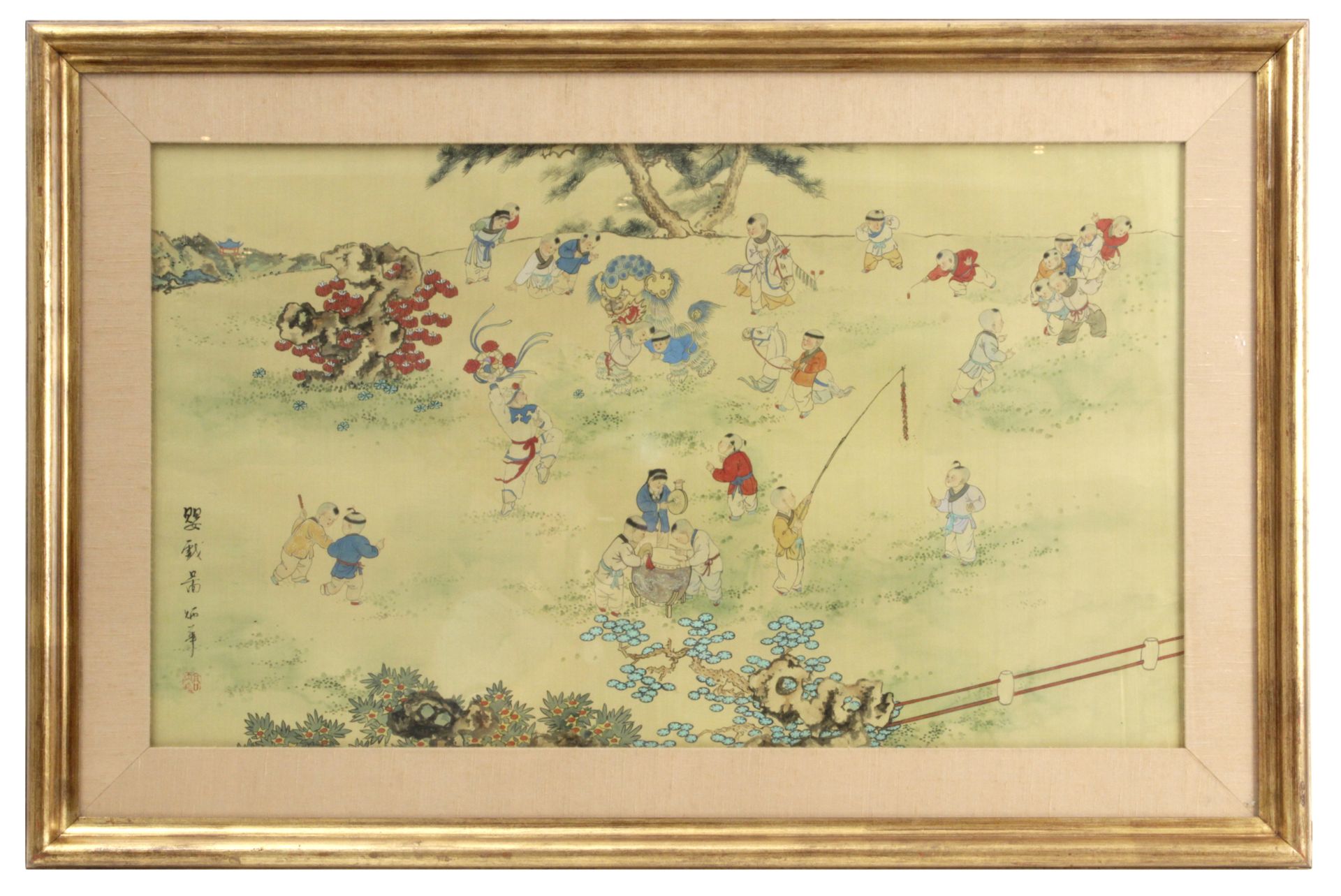 First half of 20th century Chinese school. A painting on a silk depicting kids playing