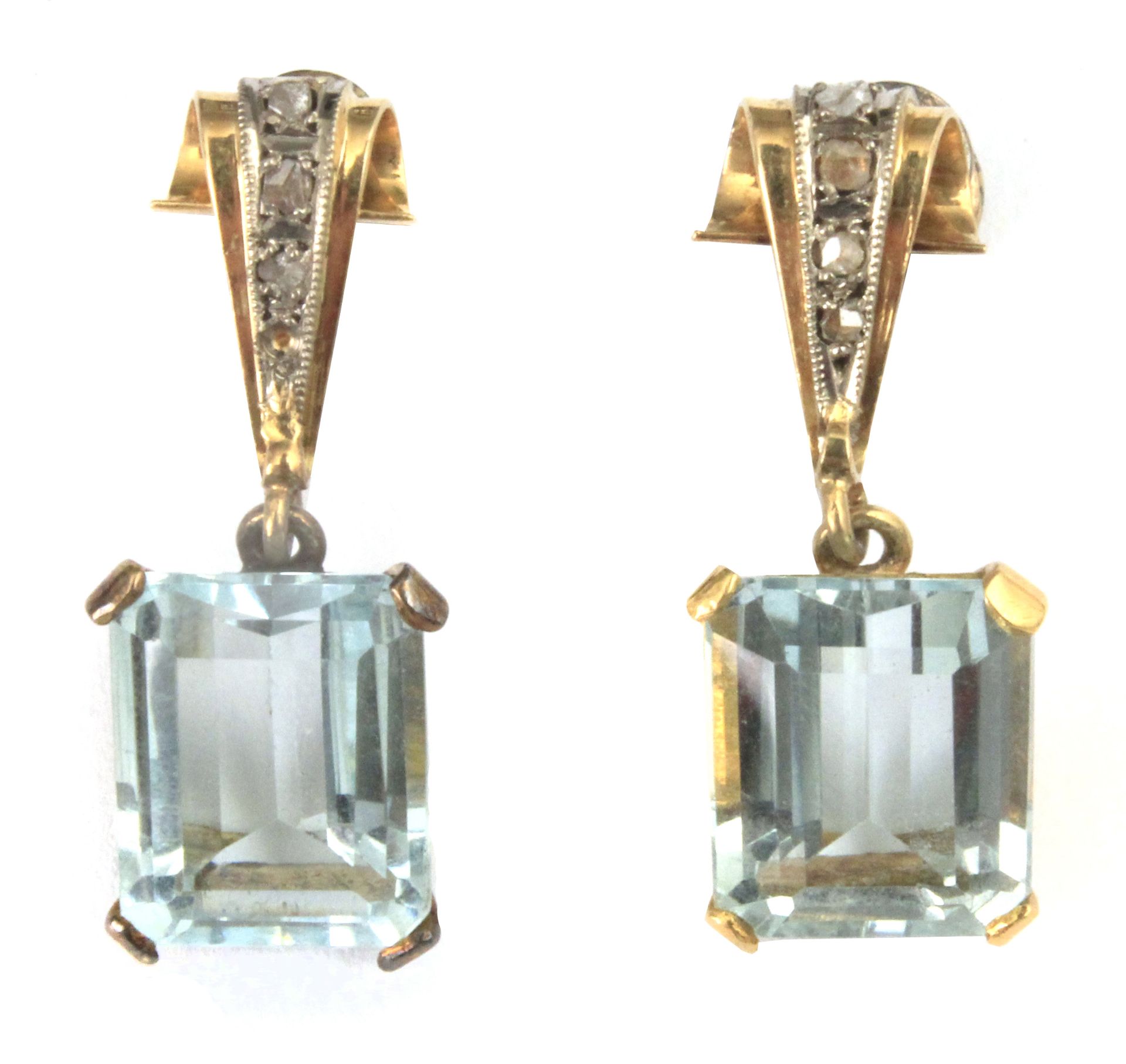 A pair of aquamarine and diamonds chevalier style long earrings circa 1940