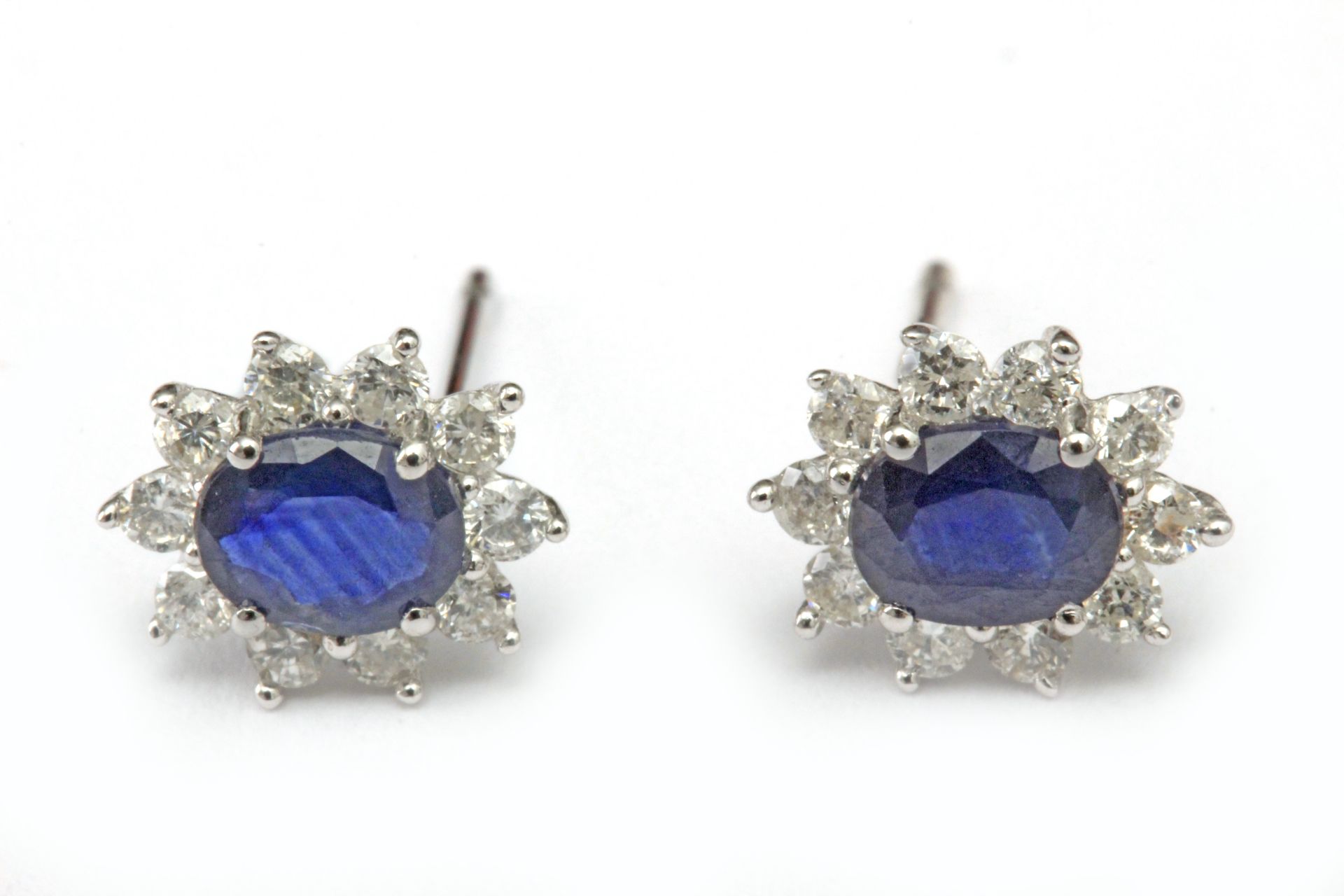 A pair of sapphires and diamond cluster earrings with an 18 k. white gold setting - Image 2 of 2