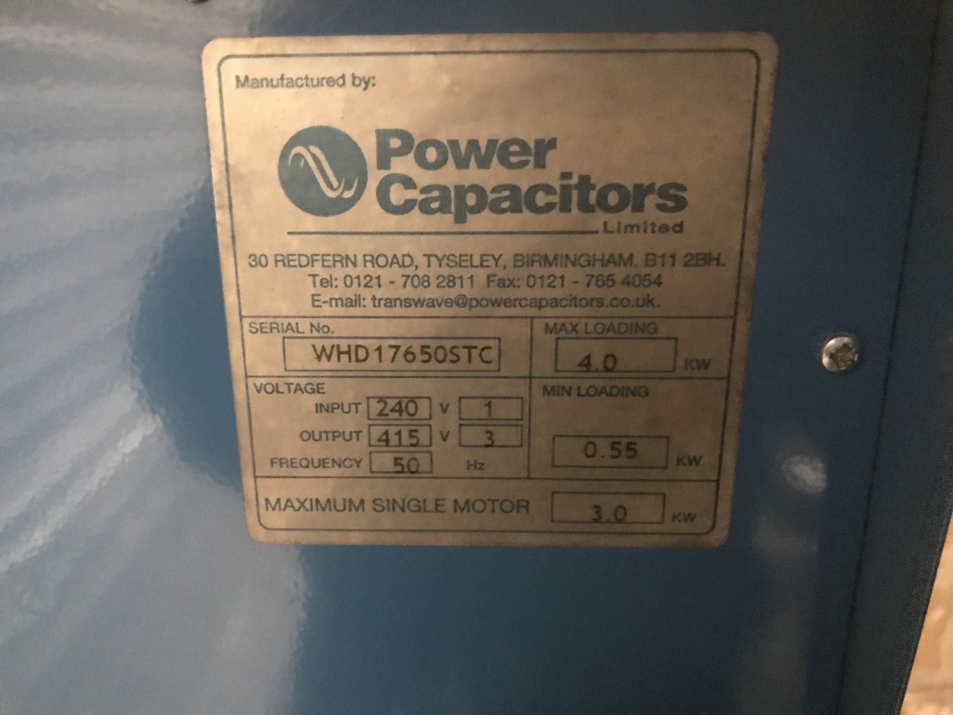 Transwave 4.0kW Power Capacitor, serial no. WHD17650STC, input Volts 240V (1ph), output Volts - Image 2 of 2