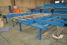Two BauTech Cross Conveyors, each with powered roller conveyor, 1.33m wide and chain take off