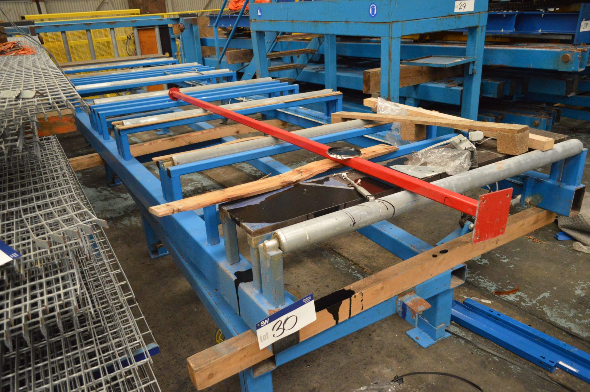 Roller Conveyor, approx. 1.6m wide on rollers x 6.8m long overall, with fabricated steel stand