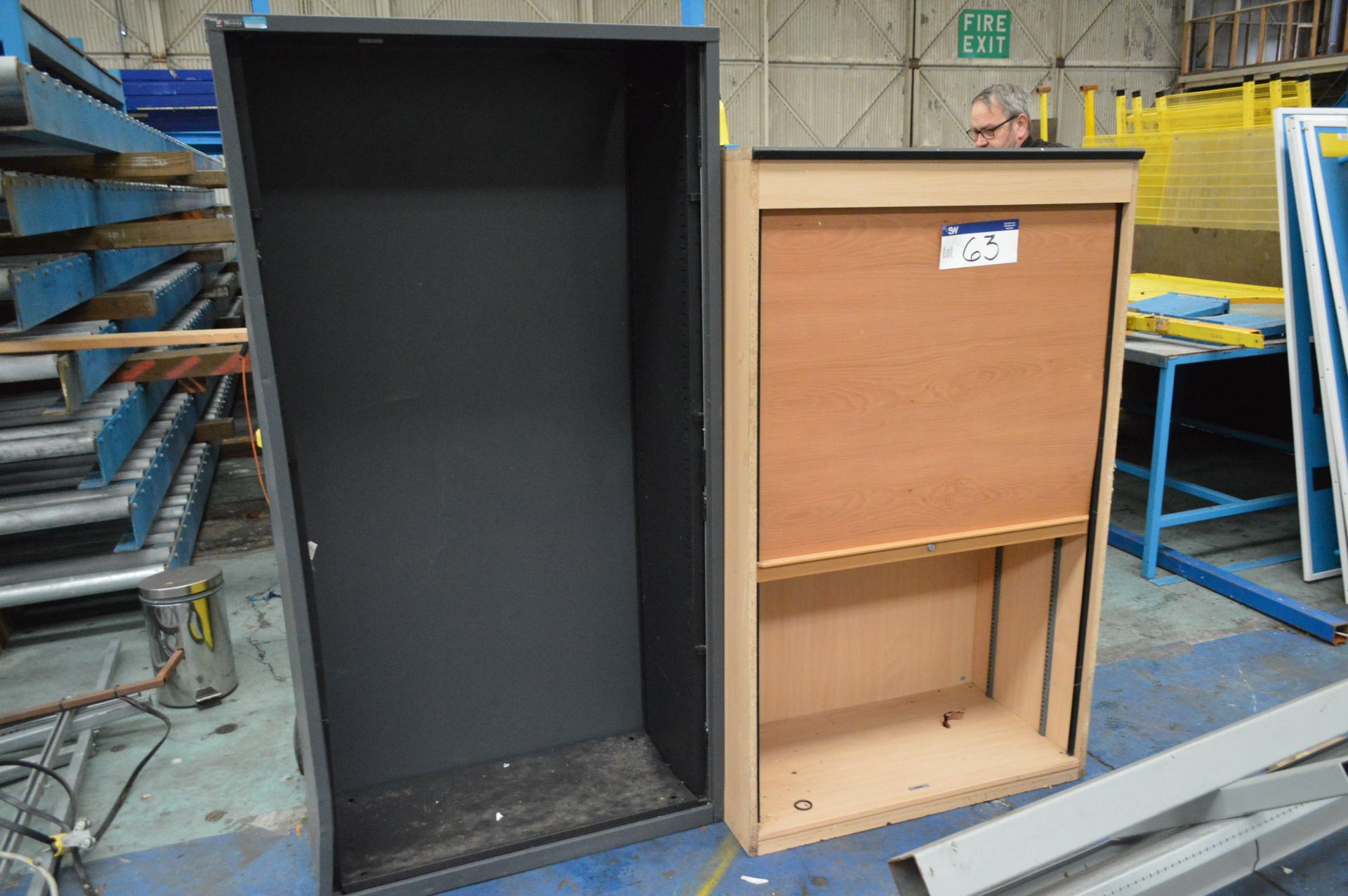 Steel Cabinet, Tambour Door Cabinet, Three Wheelie Bins & Microwave Oven