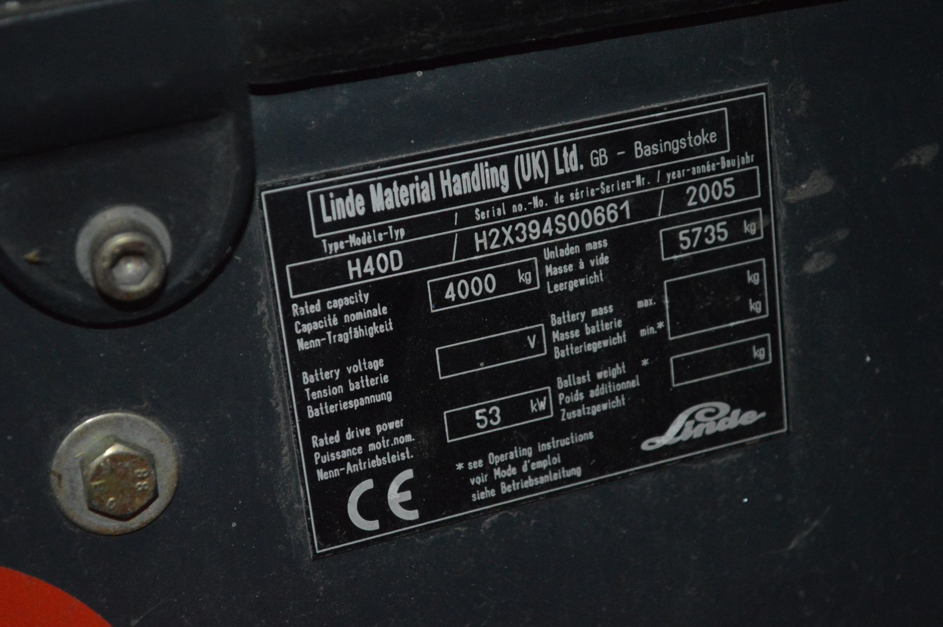 Linde H40D 4000kg cap. DIESEL ENGINE FORK LIFT TRUCK, serial no. H2X394S00661, year of manufacture - Image 7 of 7