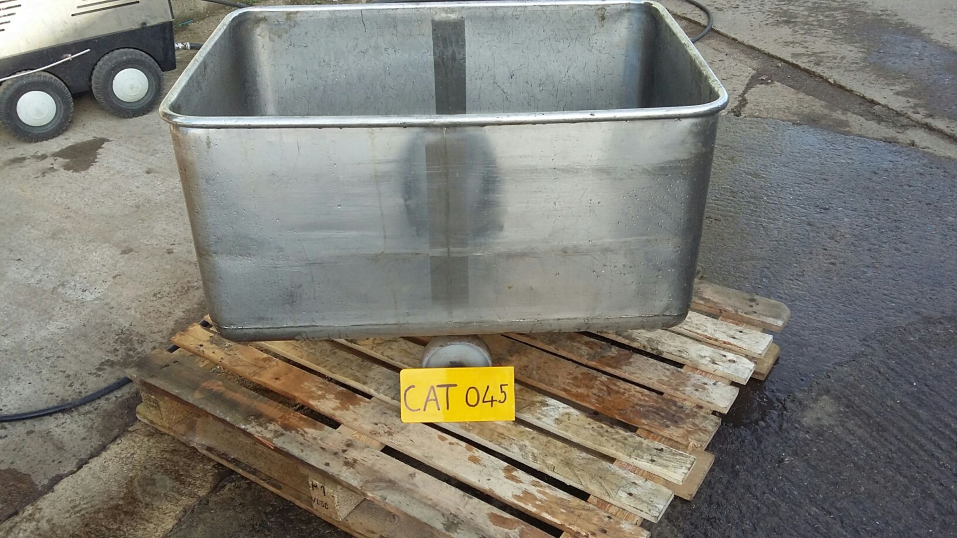 Stainless Steel Tote Bin, mounted on four wheels