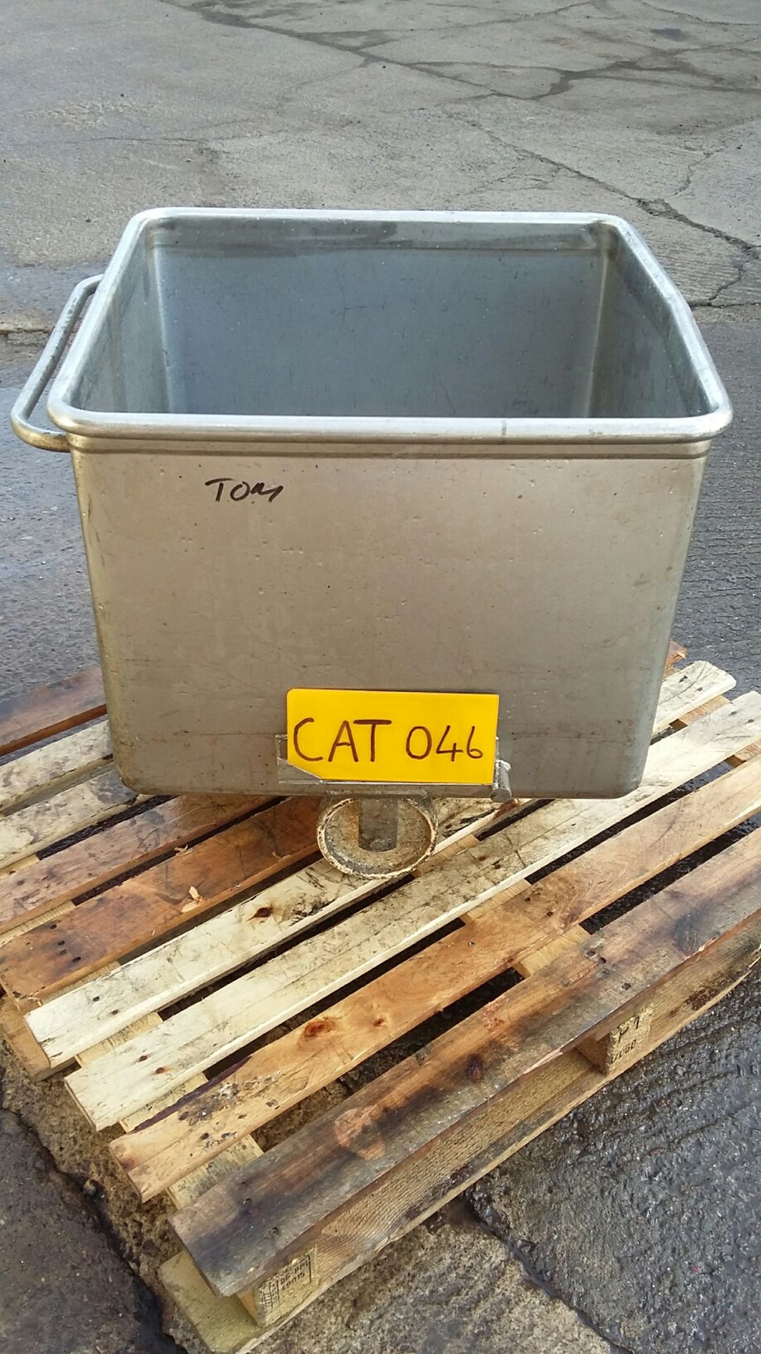 Stainless Steel Tote Bin, mounted on four wheels