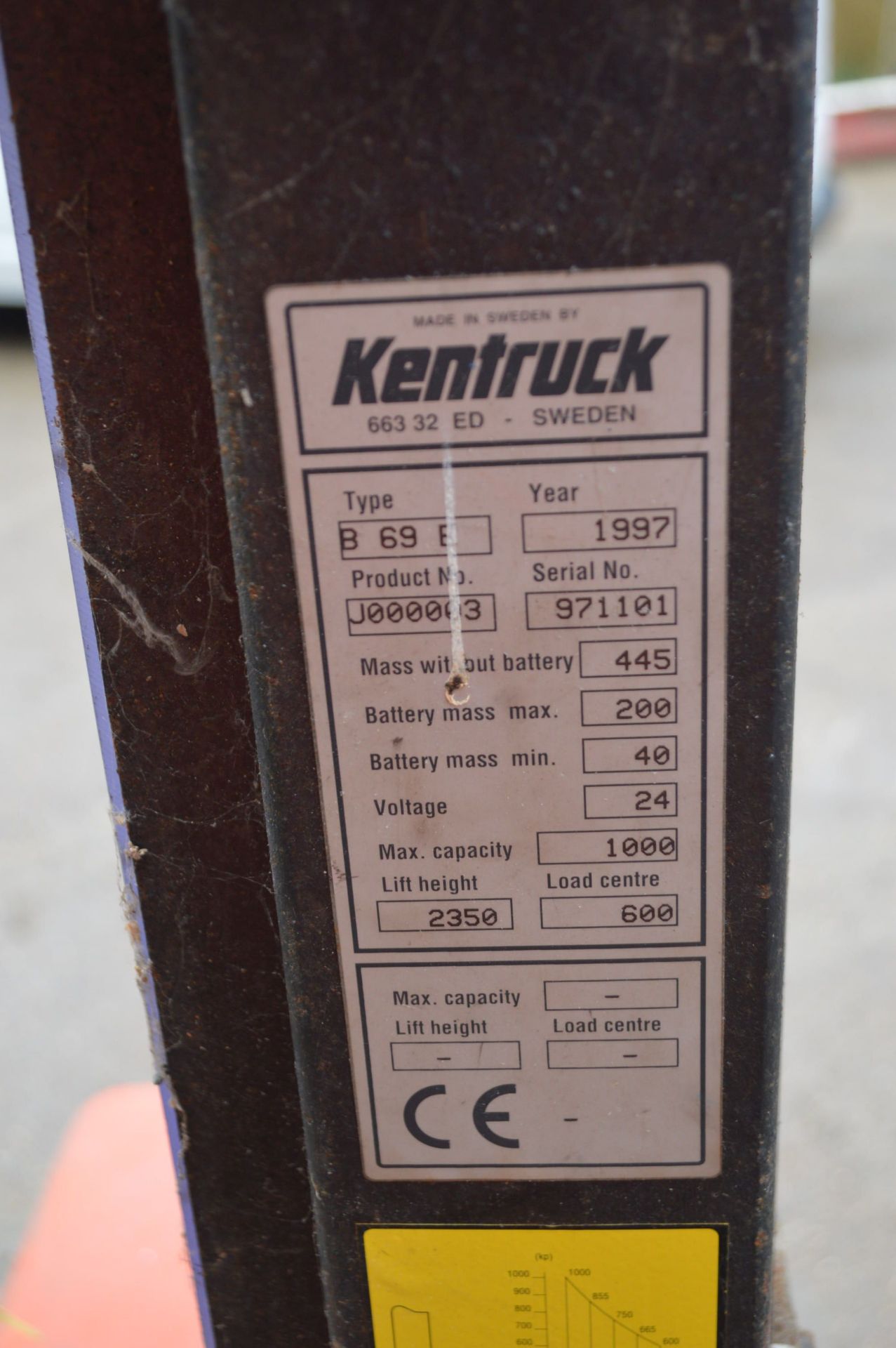 Kentruck B69E 1000kg cap. Pedestrian Operated Battery Electric Fork Lift Truck, serial no. 971101, - Image 3 of 5
