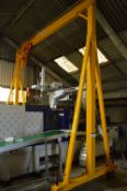 5 tonne SWL MOBILE A-FRAME LIFTING GANTRY, 5m to underside of gantry, 4.65m wide (on inside), with