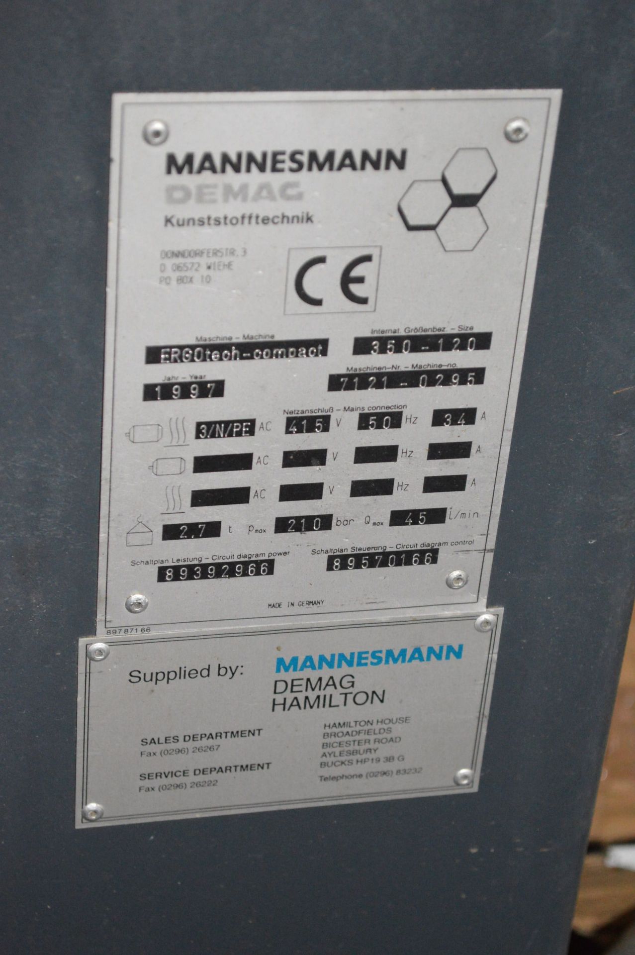 Mannesmann Demag ERGOTECH-COMPACT 350-120 35 tonne PLASTIC INJECTION MOULDING MACHINE, serial no. - Image 6 of 6