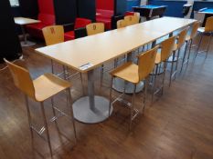 Two Wood Top Canteen Tables, with 11 high chairs (