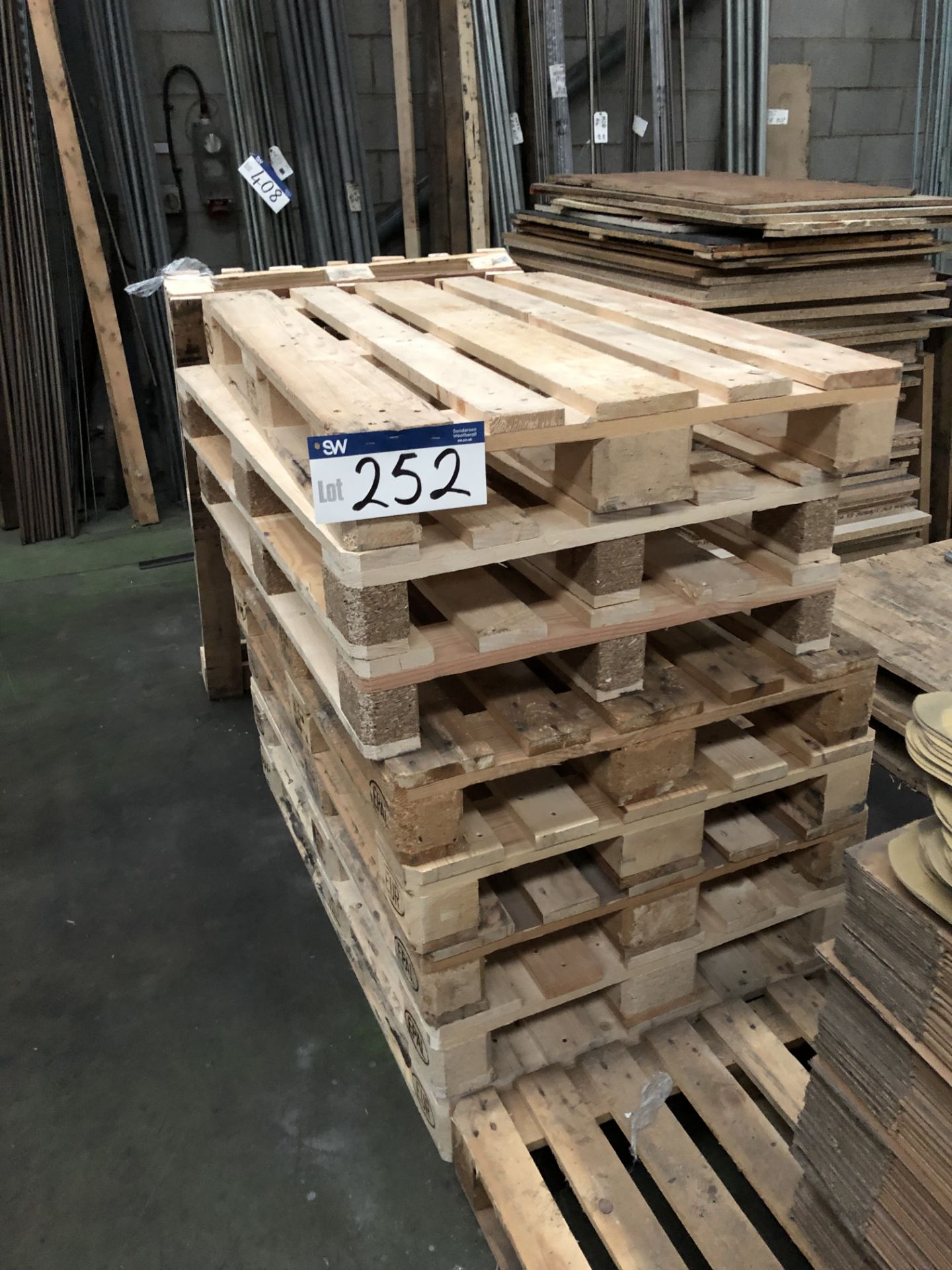 9 Wooden Pallets, 1200 x 800mm, 2 Wooden Pallets, 1900 x 800mm and Chipboard Sheets