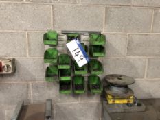 13 Plastic Storage Boxes c/w Wall Rack and Contents