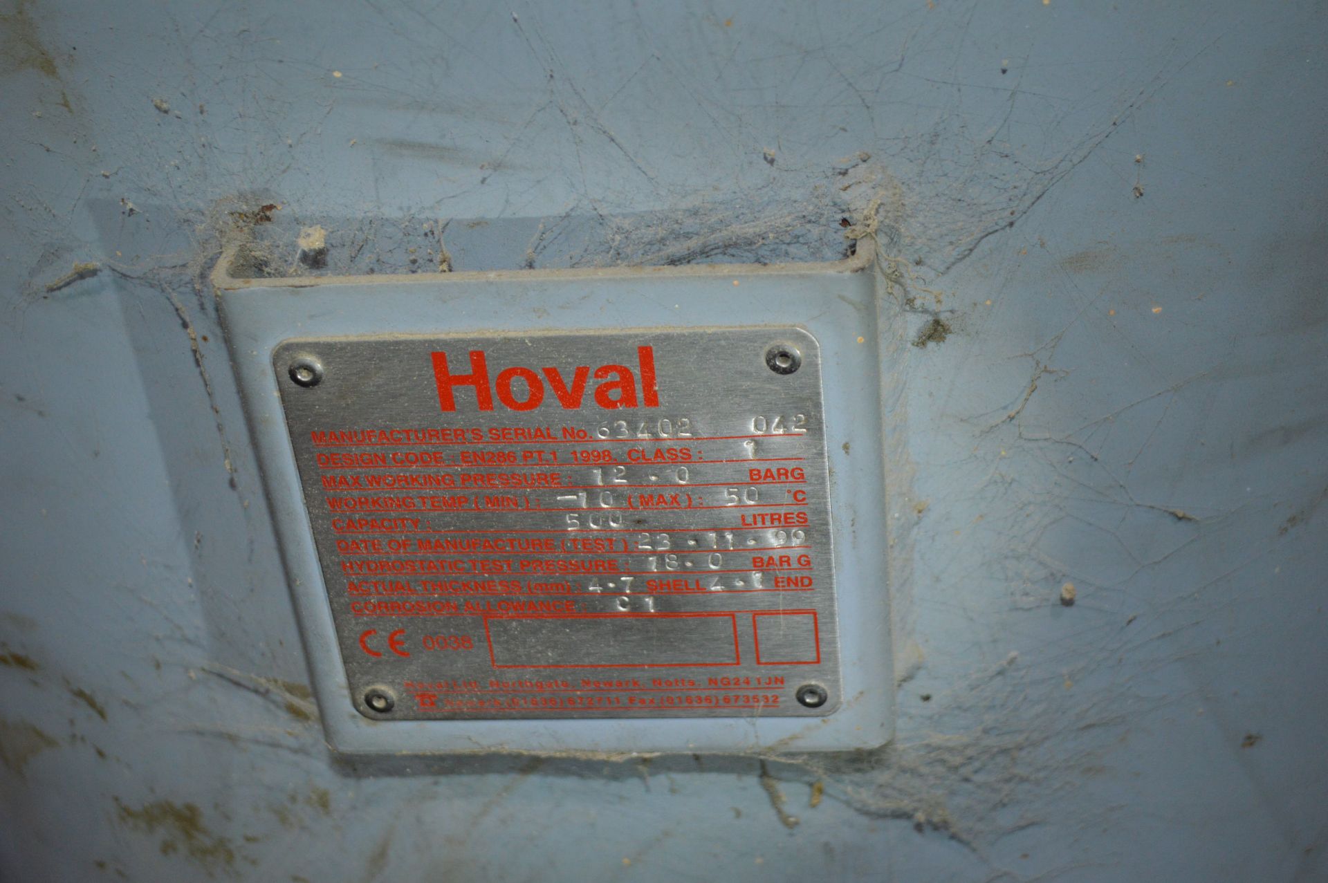 Hoval 500 litre Vertical Welded Steel Air Receiver, serial no. 63042 042, approx. 650mm dia. x 1. - Image 2 of 2