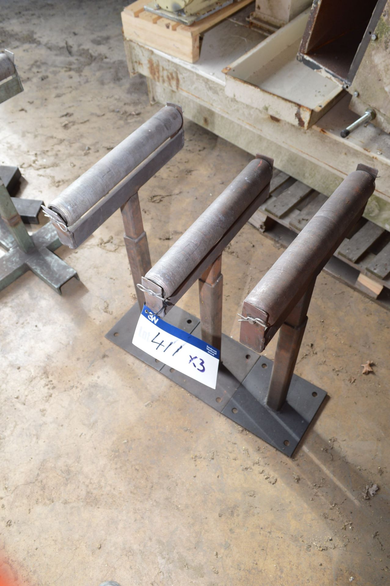 Three Assorted Fixed Height Roller Feed Stands, each approx. 410mm wide