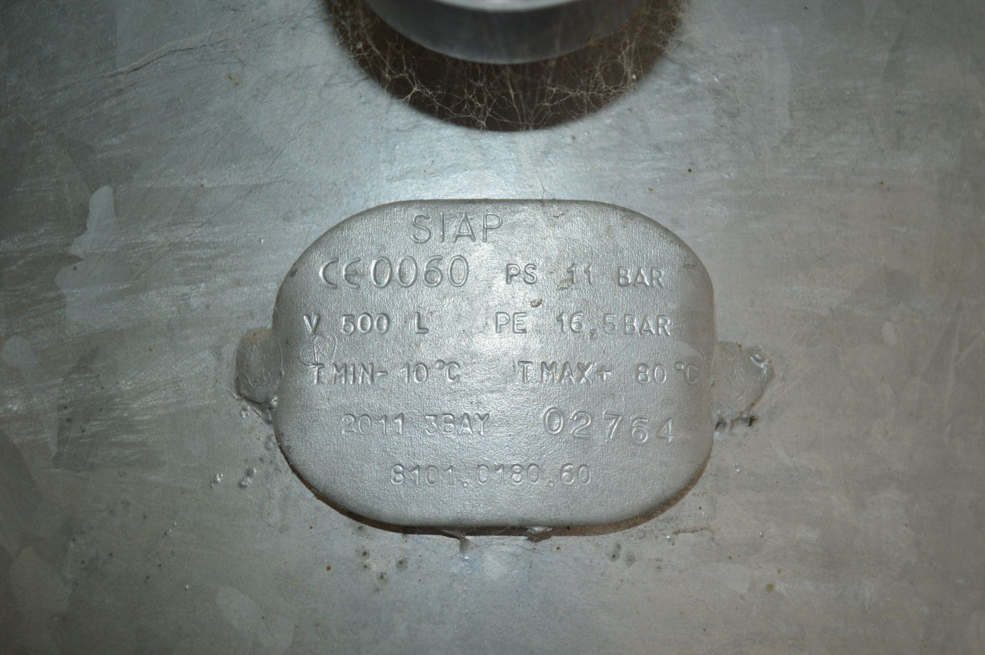 500 litre cap. Vertical Welded Galvanised Steel Air Receiver, serial no. 02764, year of - Image 2 of 4
