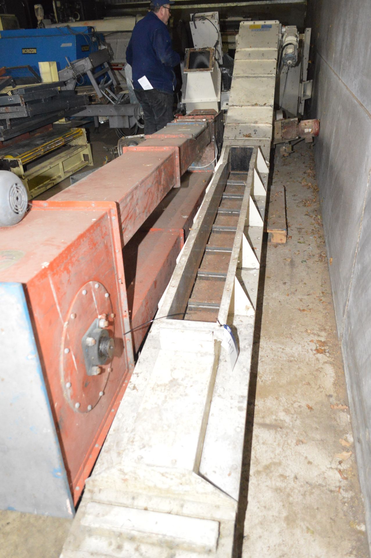 Carier approx. 300mm Part Inclined Twin Chain & Scraper Conveyor, approx. 6.4m long, serial no.