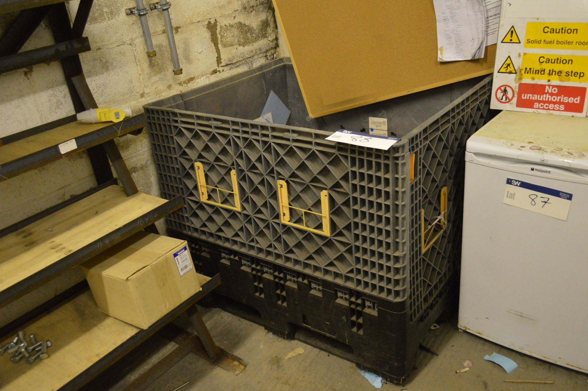 Collapsible Side Plastic Box Pallet, with contents