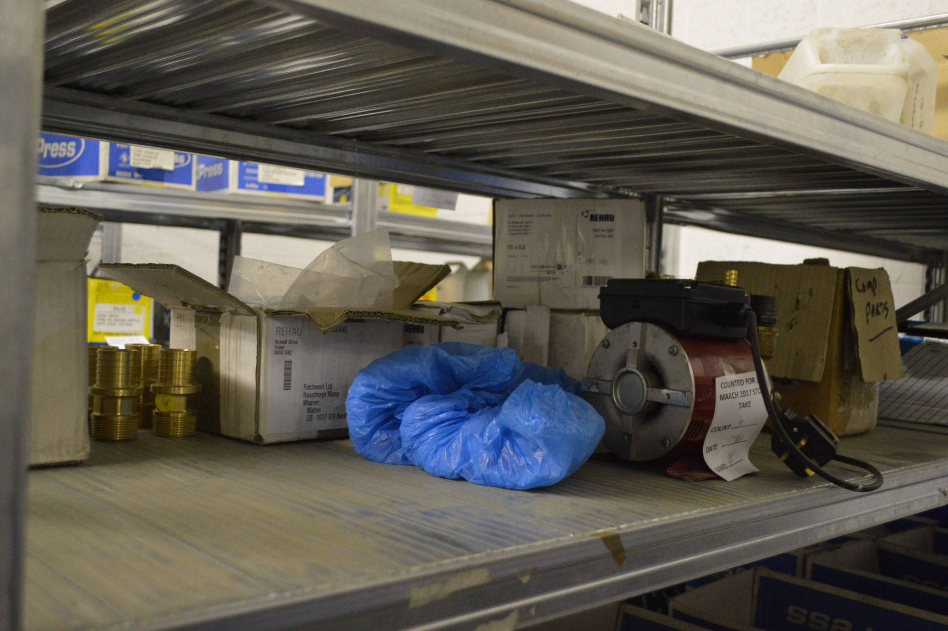 STOCK CONTENTS ON FOUR RACKS, comprising copper, brass pipe fittings, ceiling tapes, pipe clips, - Image 10 of 32