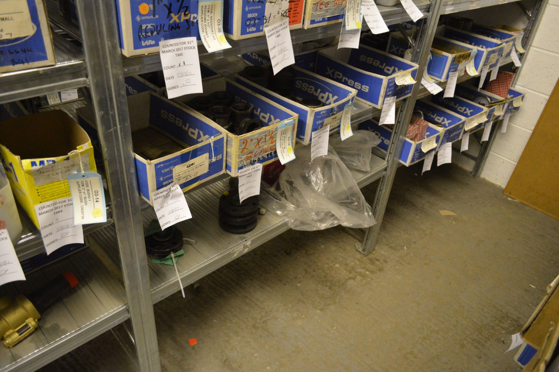 STOCK CONTENTS ON FOUR RACKS, comprising copper, brass pipe fittings, ceiling tapes, pipe clips, - Image 20 of 32