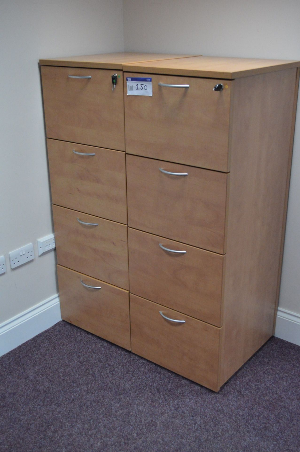 Two Veneered Wood Four Drawer Filing Cabinets