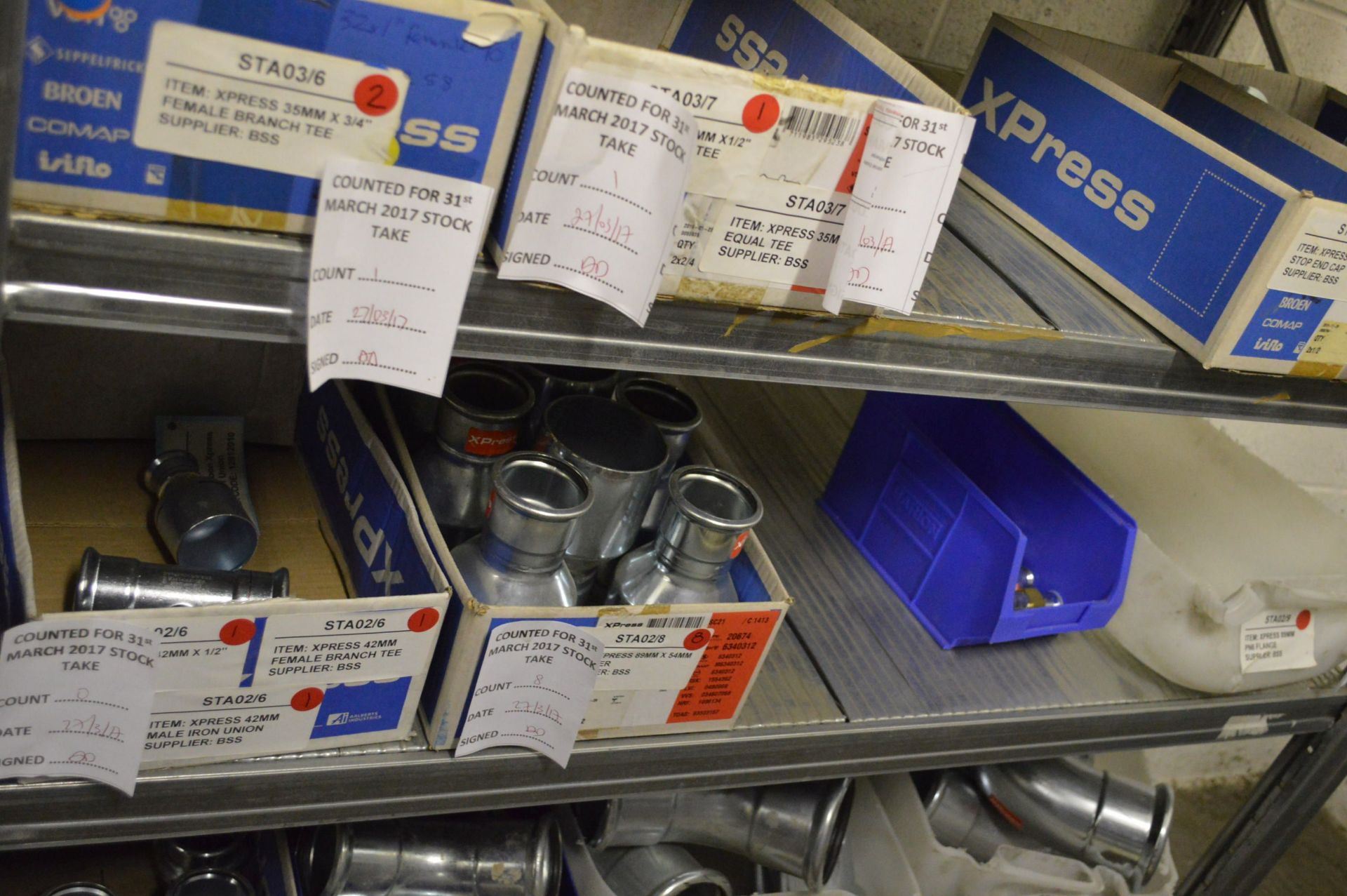 STOCK CONTENTS ON FOUR RACKS, comprising copper, brass pipe fittings, ceiling tapes, pipe clips, - Image 32 of 32