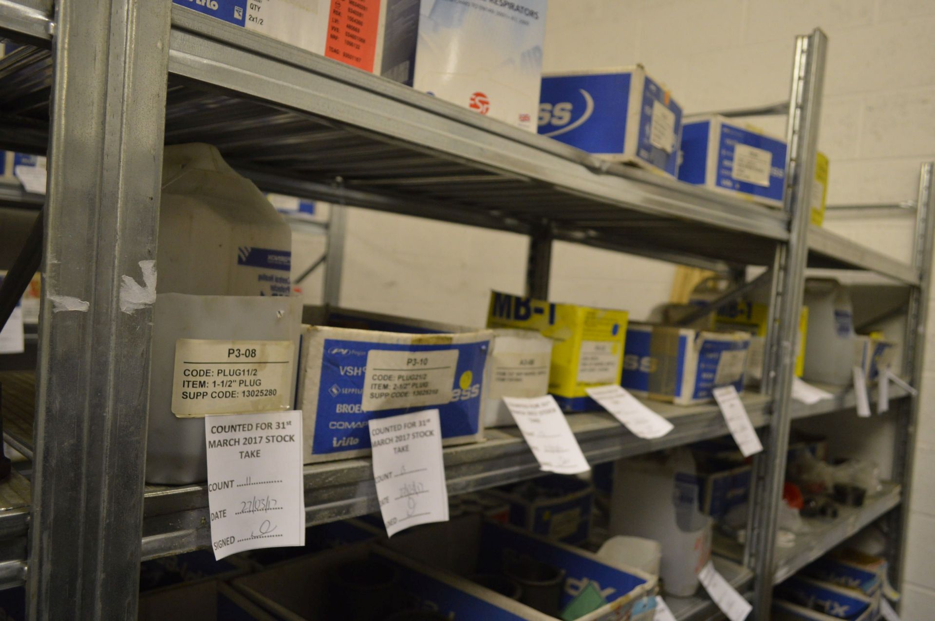 STOCK CONTENTS ON FOUR RACKS, comprising copper, brass pipe fittings, ceiling tapes, pipe clips, - Image 23 of 32