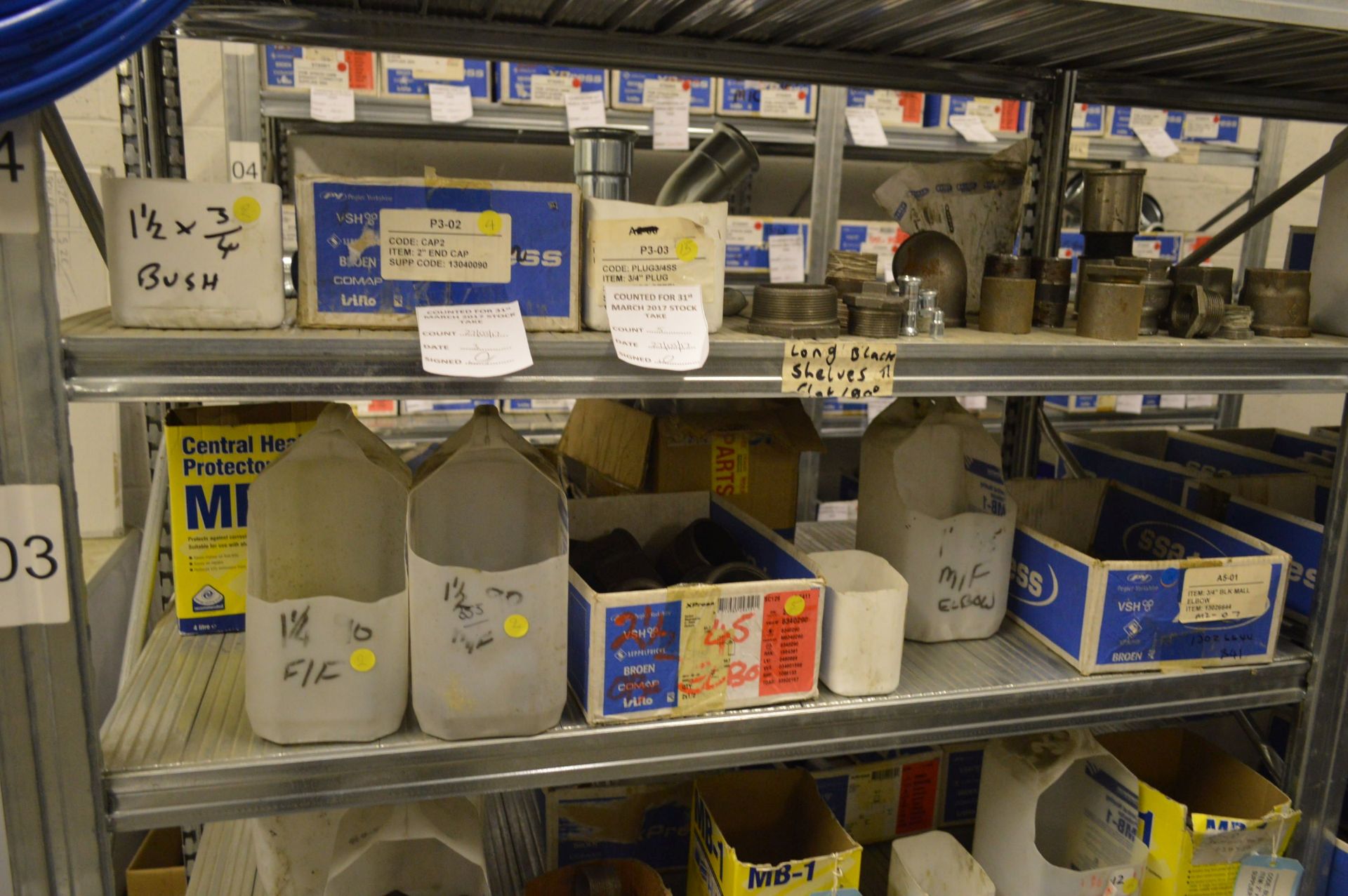 STOCK CONTENTS ON FOUR RACKS, comprising copper, brass pipe fittings, ceiling tapes, pipe clips, - Image 18 of 32