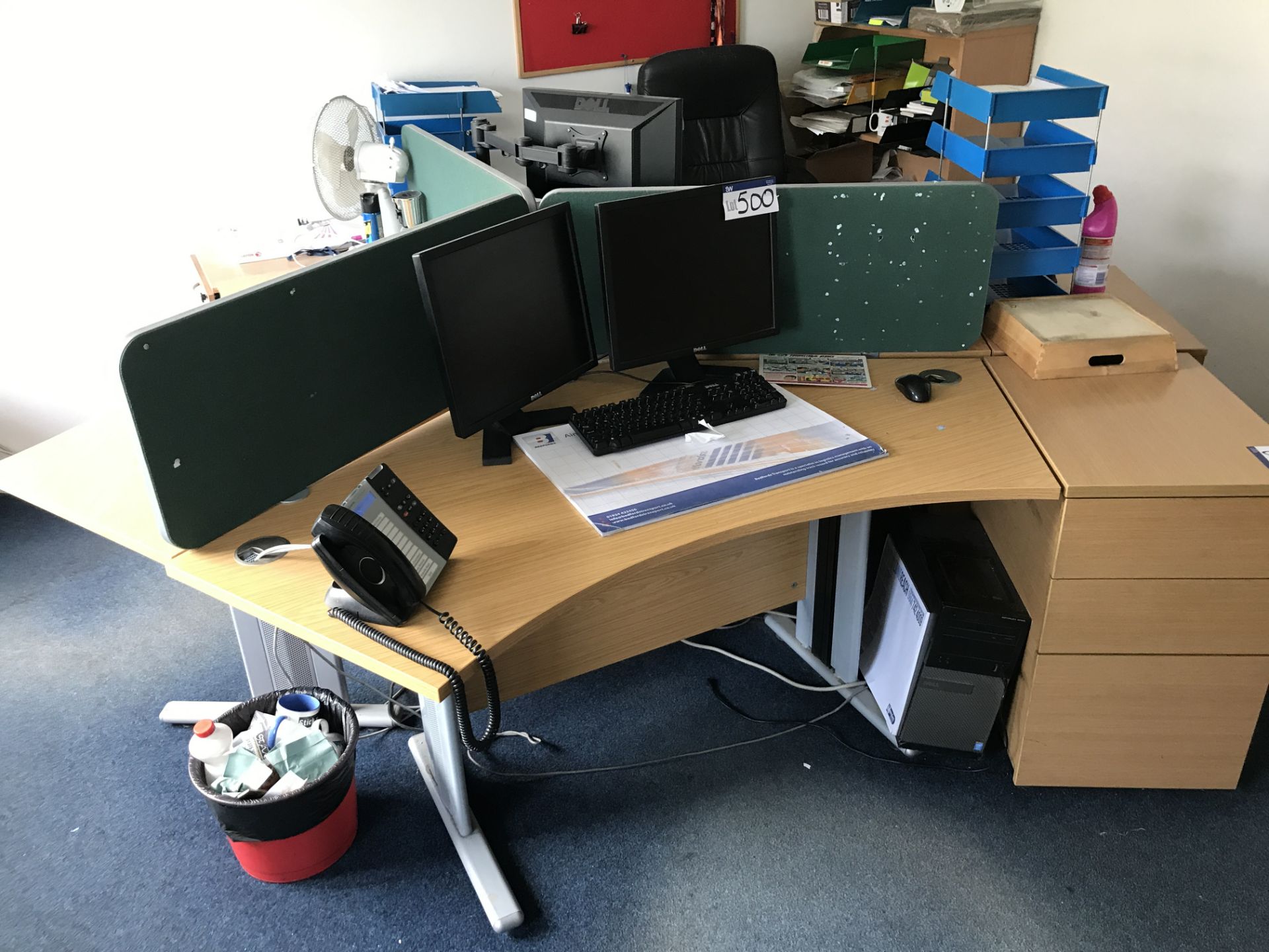 Contents of Office, including three curved front cantilever framed desks, four desk pedestals, two