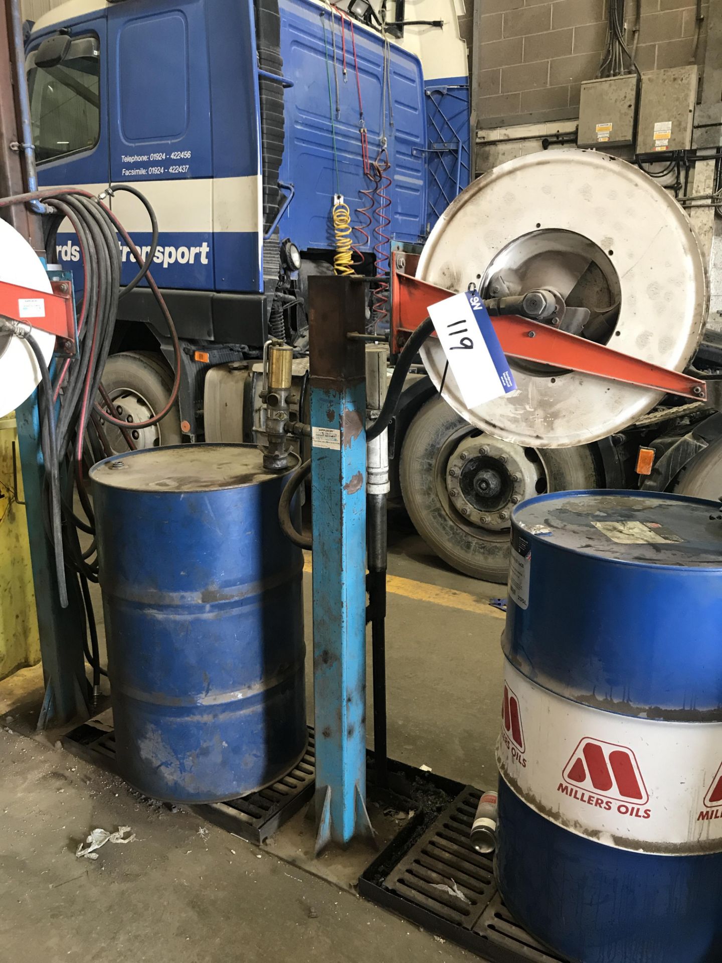 Oil Dispenser, with hose reel, oil drum and drip tray (lot located at Bedfords Limited (In - Image 2 of 3