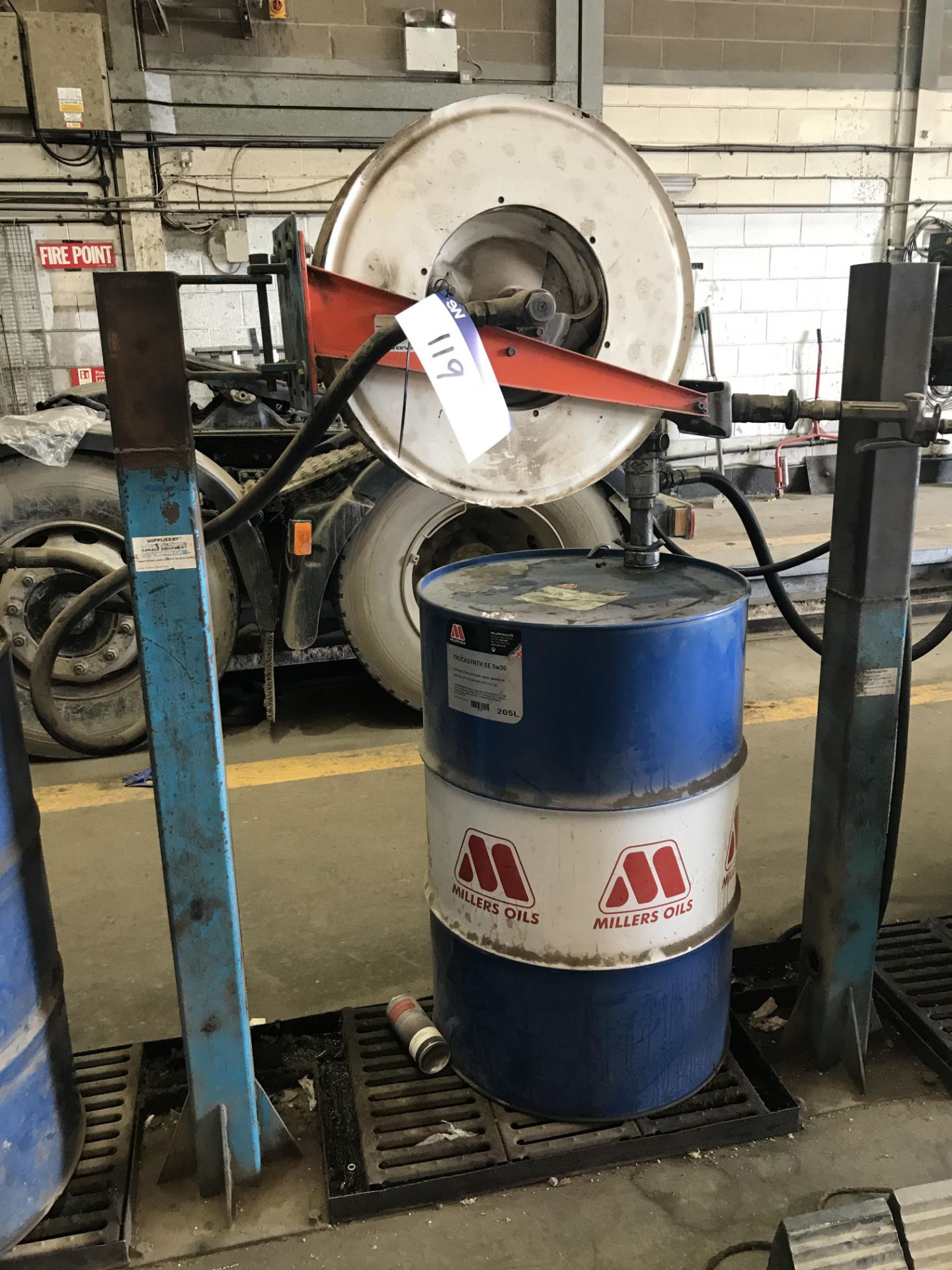 Oil Dispenser, with hose reel, oil drum and drip tray (lot located at Bedfords Limited (In