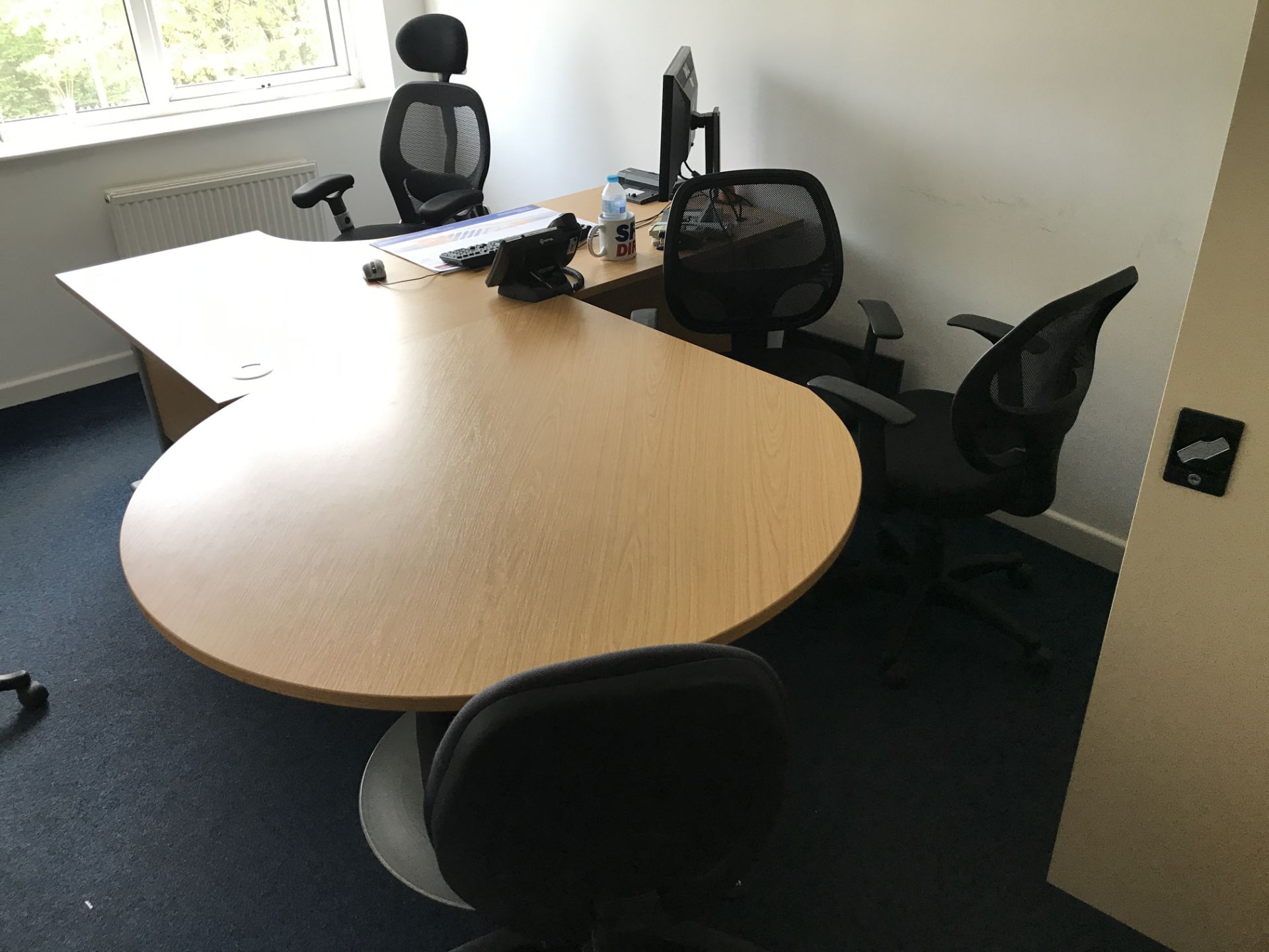 Contents of Office, including cantilever framed desk, circular side table, double door steel